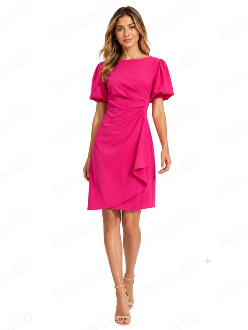 Shelby & Palmer Hot Pink Faux Wrap Puff Sleeve Cocktail Dress Size 8 NWT